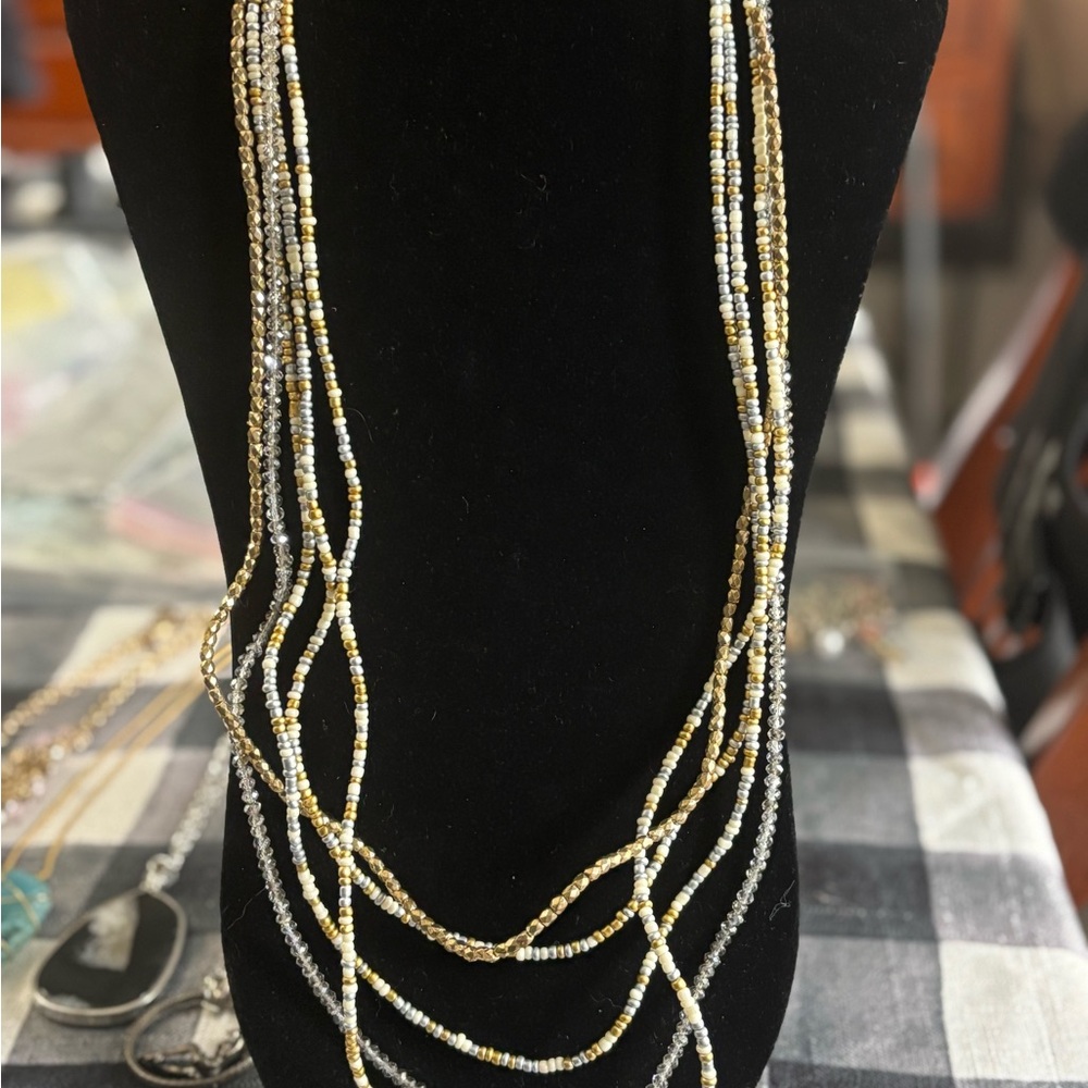 Seed bead and crystal Multi-Strand long Beaded Necklace